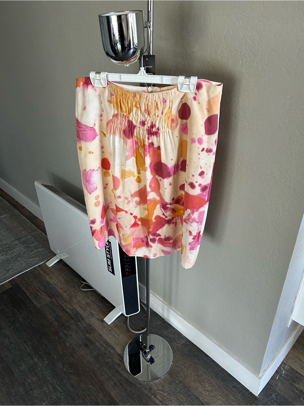 Akris Punto 100% Pink & Yellow Silk  Watercolor Print Smocked Mini Skirt